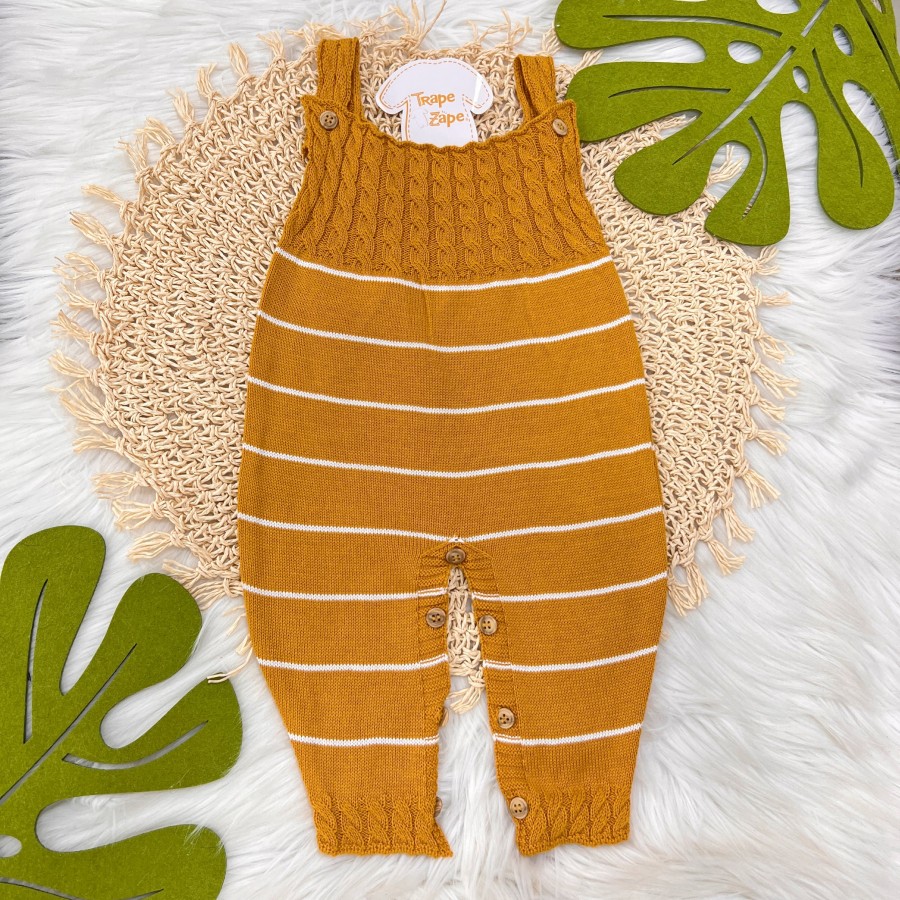 Jardineira Longa de  Linha - Mostarda com Listras Brancas